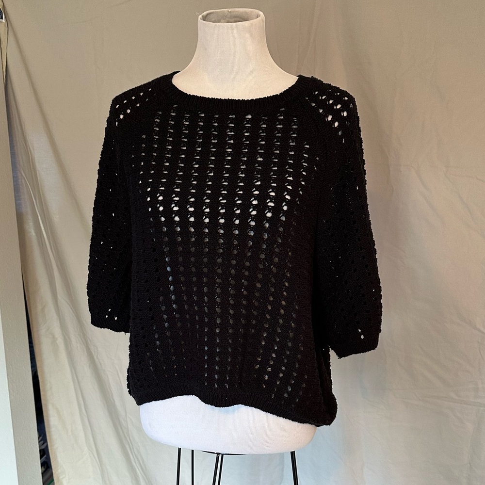 Style & Co. Black Open-Knit Crewneck Sweater Petite cropped PXL cotton knit